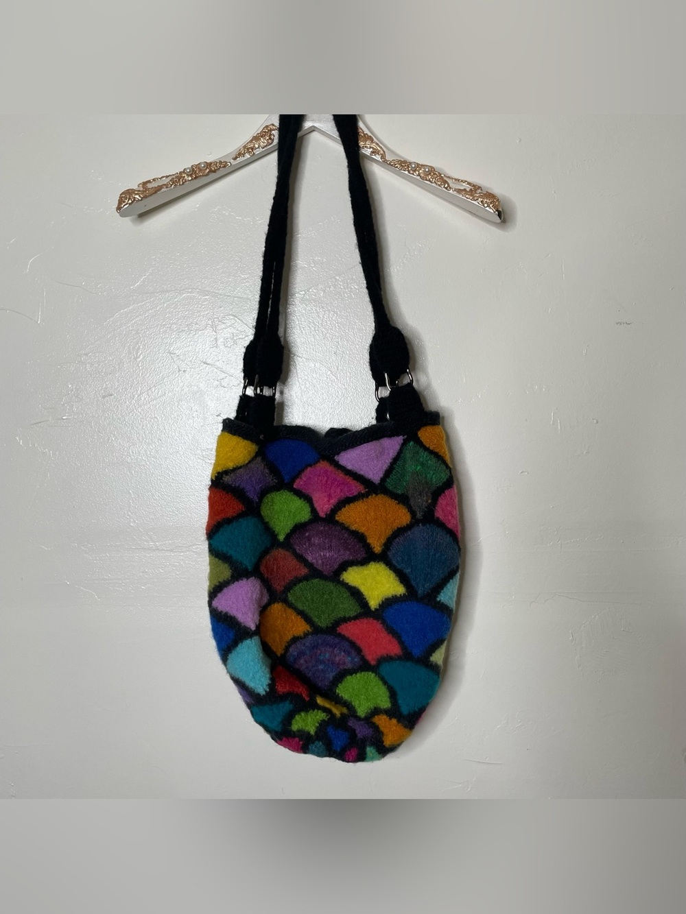 VINTAGE Y2K WOOL RAINBOW FISH SHOULDER BAG